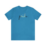Agender Pride T-Shirt: Flowing Cursive 'Pride' in Gradient Hues