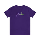 Genderqueer Pride T-Shirt: Flowing Cursive 'Pride' in Gradient Hues