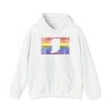 Indiana Pride Flag Hoodie: Rainbow LGBTQ+ State Silhouette Distressed Hooded Sweatshirt