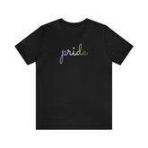 Genderqueer Pride T-Shirt: Flowing Cursive 'Pride' in Gradient Hues