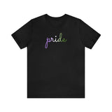 Genderqueer Pride T-Shirt: Flowing Cursive 'Pride' in Gradient Hues