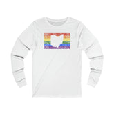 Ohio Pride Flag Long Sleeve Tee: Rainbow LGBTQ+ State Silhouette Distressed Long Sleeve T-Shirt