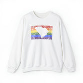 South Carolina Pride Flag Sweater: Rainbow LGBTQ+ State Silhouette Distressed Sweatshirt