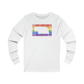 Nebraska Pride Flag Long Sleeve Tee: Rainbow LGBTQ+ State Silhouette Distressed Long Sleeve T-Shirt