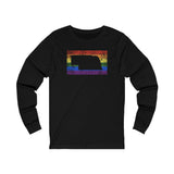 Nebraska Pride Flag Long Sleeve Tee: Rainbow LGBTQ+ State Silhouette Distressed Long Sleeve T-Shirt
