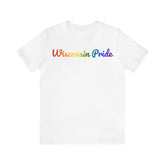 Wisconsin Pride T-Shirt: Flowing Cursive Design with LGBTQ+ Gradient