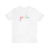 Pansexual Pride T-Shirt: Flowing Cursive 'Pride' in Gradient Hues