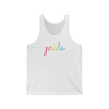 Pansexual Pride Tank-Top: Flowing Cursive 'Pride' in Gradient Hues