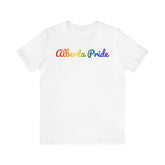 Alberta Pride T-Shirt: Flowing Cursive Design with LGBTQ+ Gradient