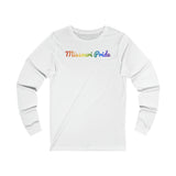 Missouri Pride Long Sleeve Tee: Flowing Cursive Design with LGBTQ+ Gradient