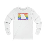 Missouri Pride Flag Long Sleeve Tee: Rainbow LGBTQ+ State Silhouette Distressed Long Sleeve T-Shirt