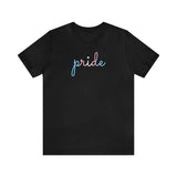 Transgender Pride T-Shirt: Flowing Cursive 'Pride' in Gradient Hues