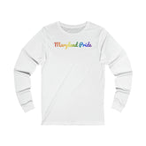 Maryland Pride Long Sleeve Tee: Flowing Cursive Design with LGBTQ+ Gradient