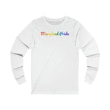Maryland Pride Long Sleeve Tee: Flowing Cursive Design with LGBTQ+ Gradient