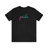 Polysexual Pride T-Shirt: Flowing Cursive 'Pride' in Gradient Hues
