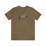Queer Pride T-Shirt: Flowing Cursive 'Pride' in Gradient Hues