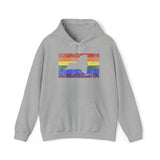 New York Pride Flag Hoodie: Rainbow LGBTQ+ State Silhouette Distressed Hooded Sweatshirt