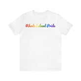 Rhode Island Pride T-Shirt: Flowing Cursive Design with LGBTQ+ Gradient