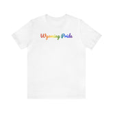 Wyoming Pride T-Shirt: Flowing Cursive Design with LGBTQ+ Gradient