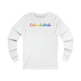 Colorado Pride Long Sleeve Tee: Flowing Cursive Design with LGBTQ+ Gradient