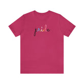 Queer Pride T-Shirt: Flowing Cursive 'Pride' in Gradient Hues