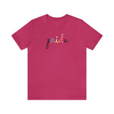 Queer Pride T-Shirt: Flowing Cursive 'Pride' in Gradient Hues