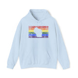 Wisconsin Pride Flag Hoodie: Rainbow LGBTQ+ State Silhouette Distressed Hooded Sweatshirt