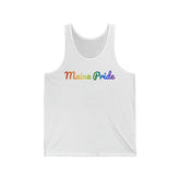 Maine Pride Tank Top: Flowing Cursive Design with LGBTQ+ Gradient