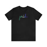Gay Pride T-Shirt: Flowing Cursive 'Pride' in Gradient Hues