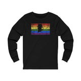Rhode Island Pride Flag Long Sleeve Tee: Rainbow LGBTQ+ State Silhouette Distressed Long Sleeve T-Shirt