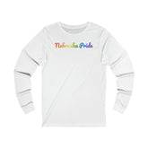Nebraska Pride Long Sleeve Tee: Flowing Cursive Design with LGBTQ+ Gradient