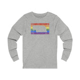 Nebraska Pride Flag Long Sleeve Tee: Rainbow LGBTQ+ State Silhouette Distressed Long Sleeve T-Shirt