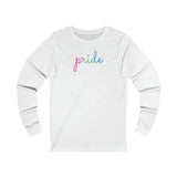 Polysexual Pride Long Sleeve T-Shirt: Flowing Cursive 'Pride' in Gradient Hues
