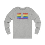 Rhode Island Pride Flag Long Sleeve Tee: Rainbow LGBTQ+ State Silhouette Distressed Long Sleeve T-Shirt