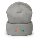 Gilbert Baker Pride Love Script Beanie: Ellegantly Embroidered Pride Hat