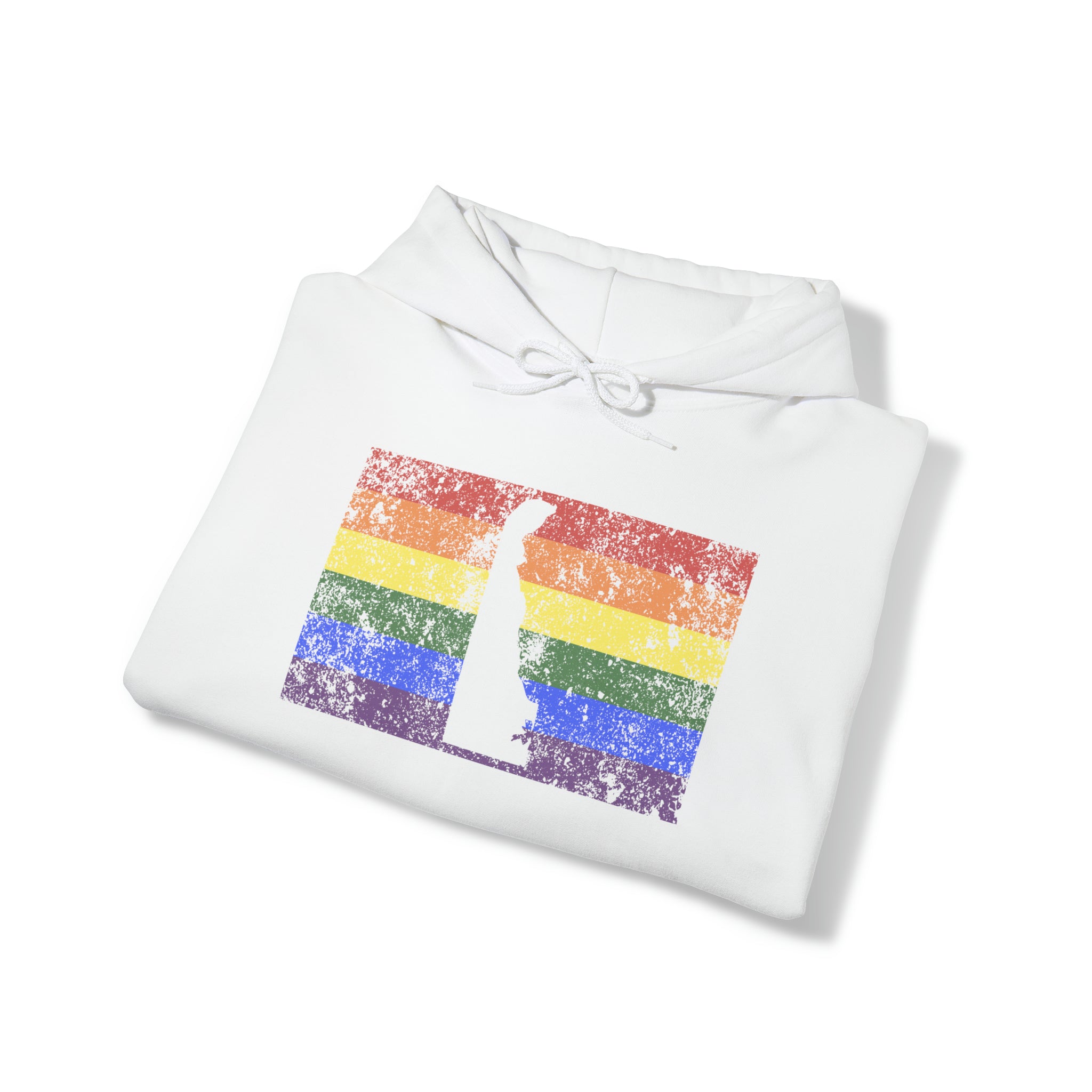 Delaware Pride Flag Hoodie: Rainbow LGBTQ+ State Silhouette Distressed Hooded Sweatshirt