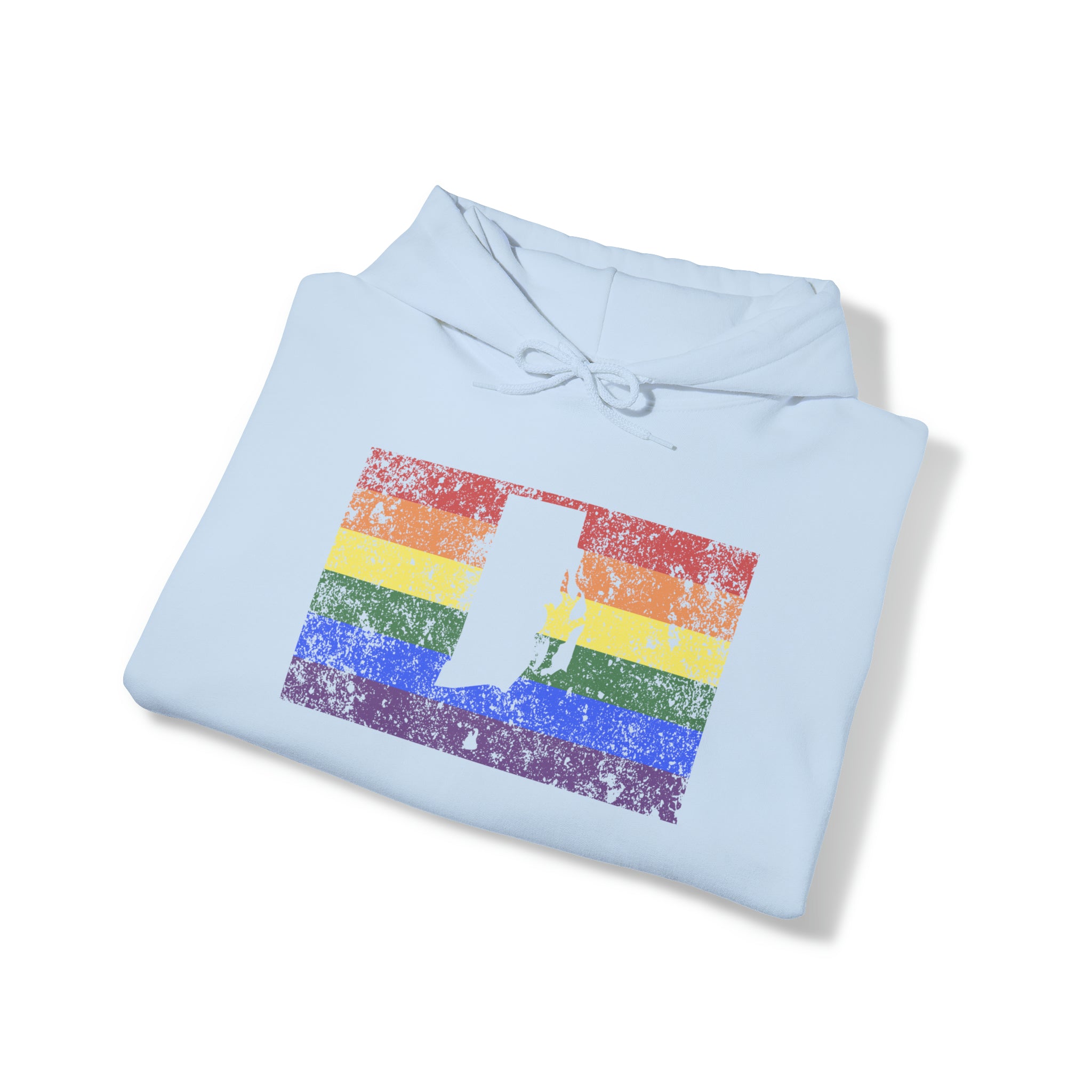 Rhode Island Pride Flag Hoodie: Rainbow LGBTQ+ State Silhouette Distressed Hooded Sweatshirt