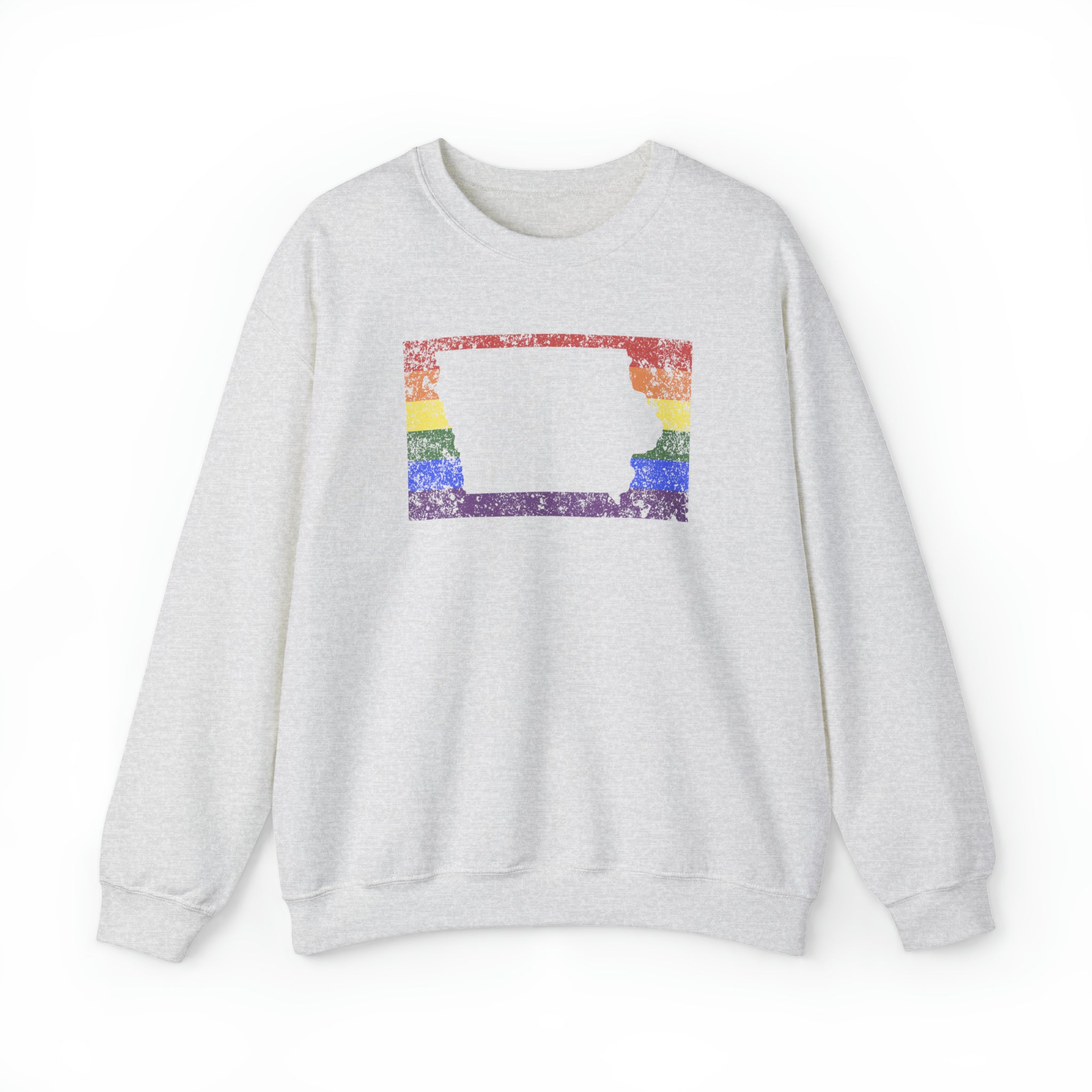 Iowa Pride Flag Sweater: Rainbow LGBTQ+ State Silhouette Distressed Sweatshirt