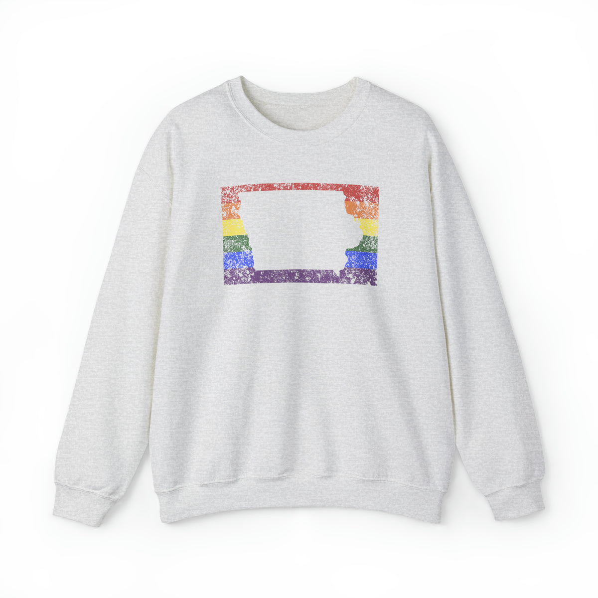 Iowa Pride Flag Sweater: Rainbow LGBTQ+ State Silhouette Distressed Sweatshirt