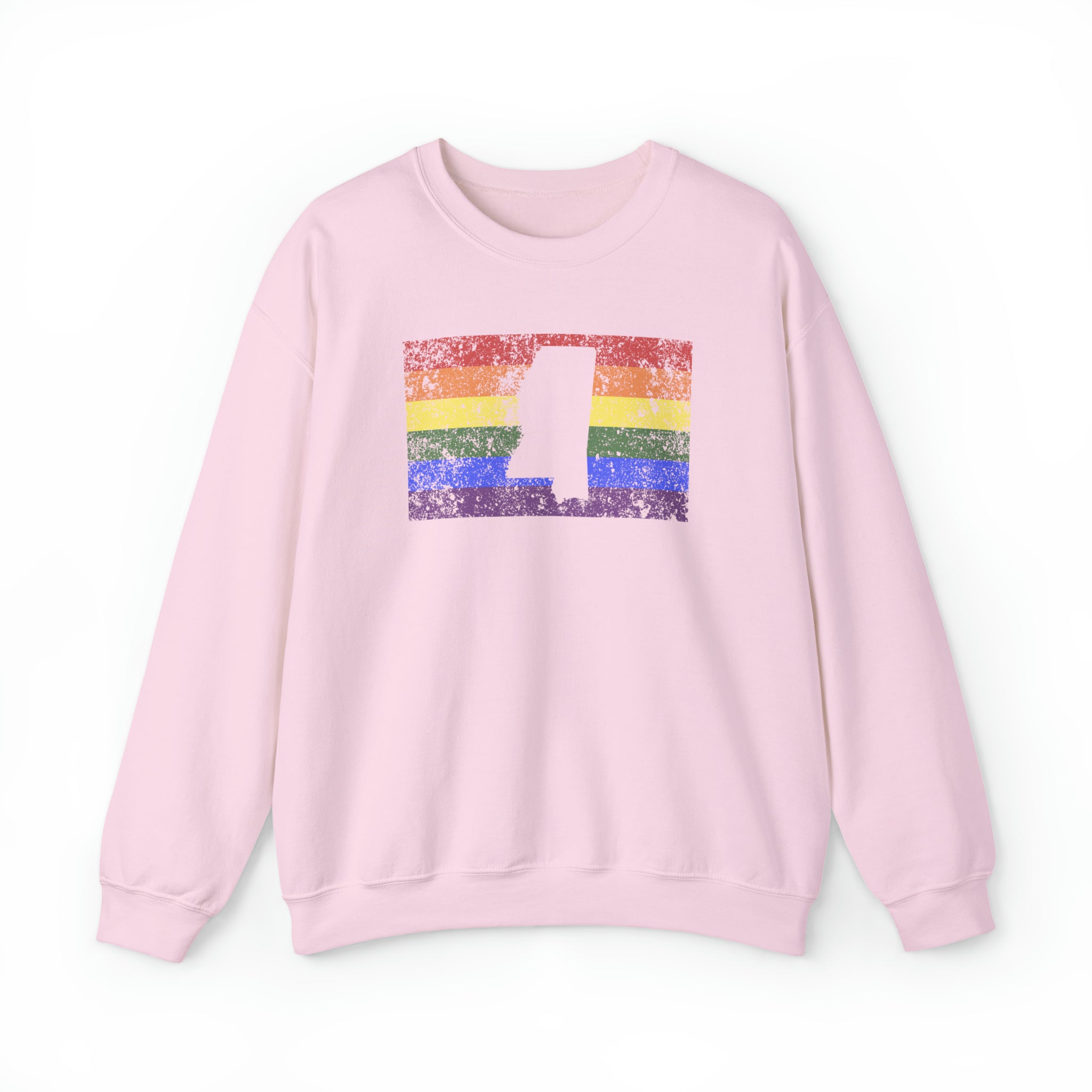Mississippi Pride Flag Sweater: Rainbow LGBTQ+ State Silhouette Distressed Sweatshirt