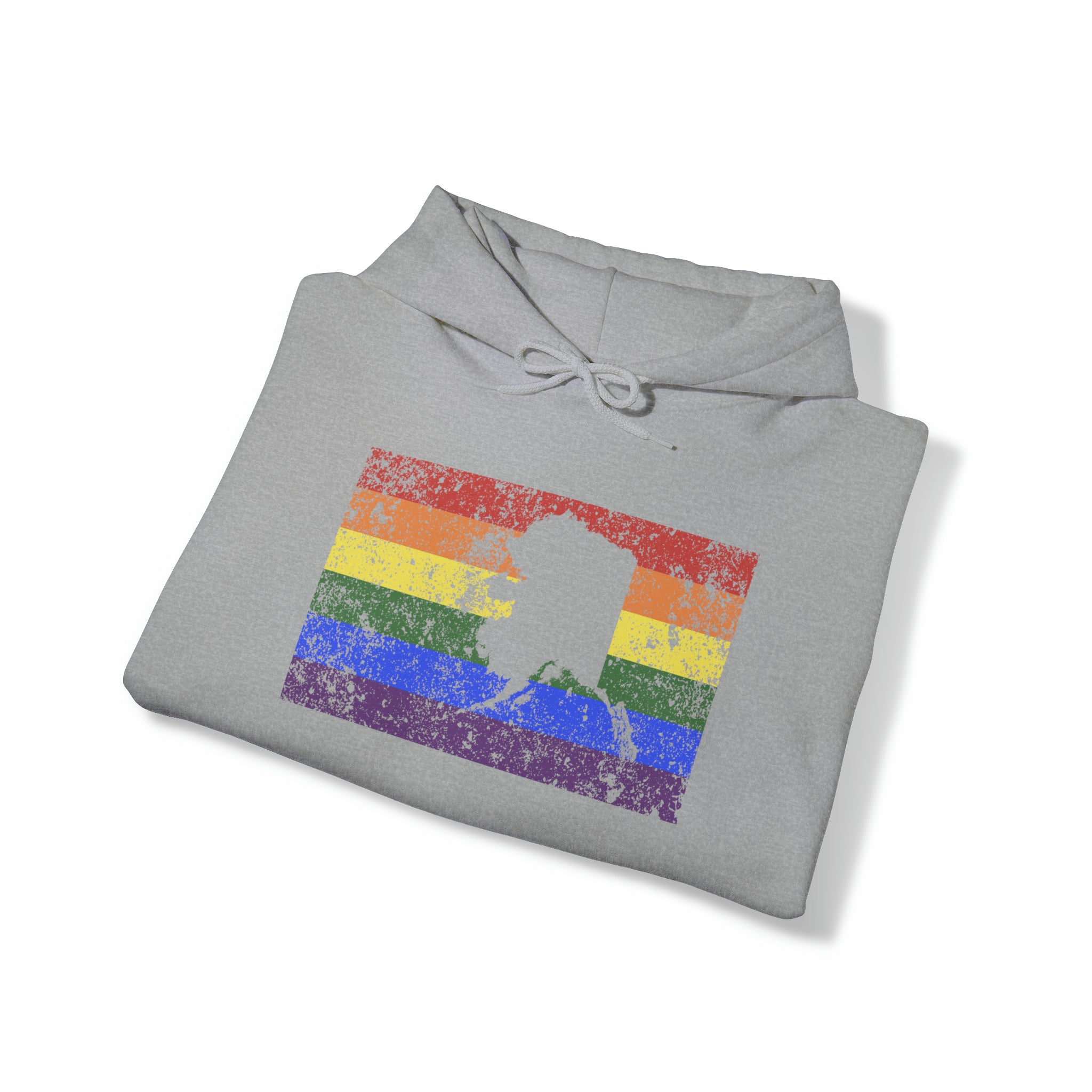 Alaska Pride Flag Hoodie: Rainbow LGBTQ+ State Silhouette Distressed Hooded Sweatshirt