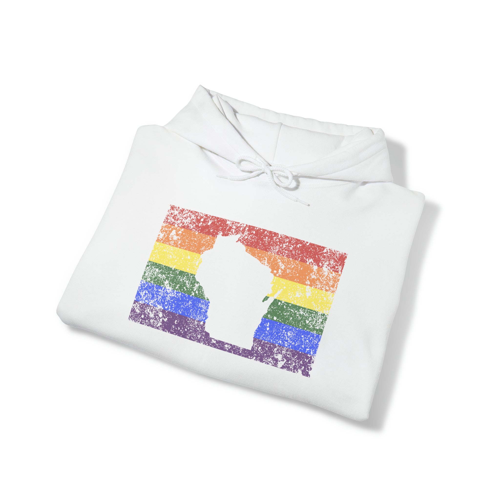 Wisconsin Pride Flag Hoodie: Rainbow LGBTQ+ State Silhouette Distressed Hooded Sweatshirt