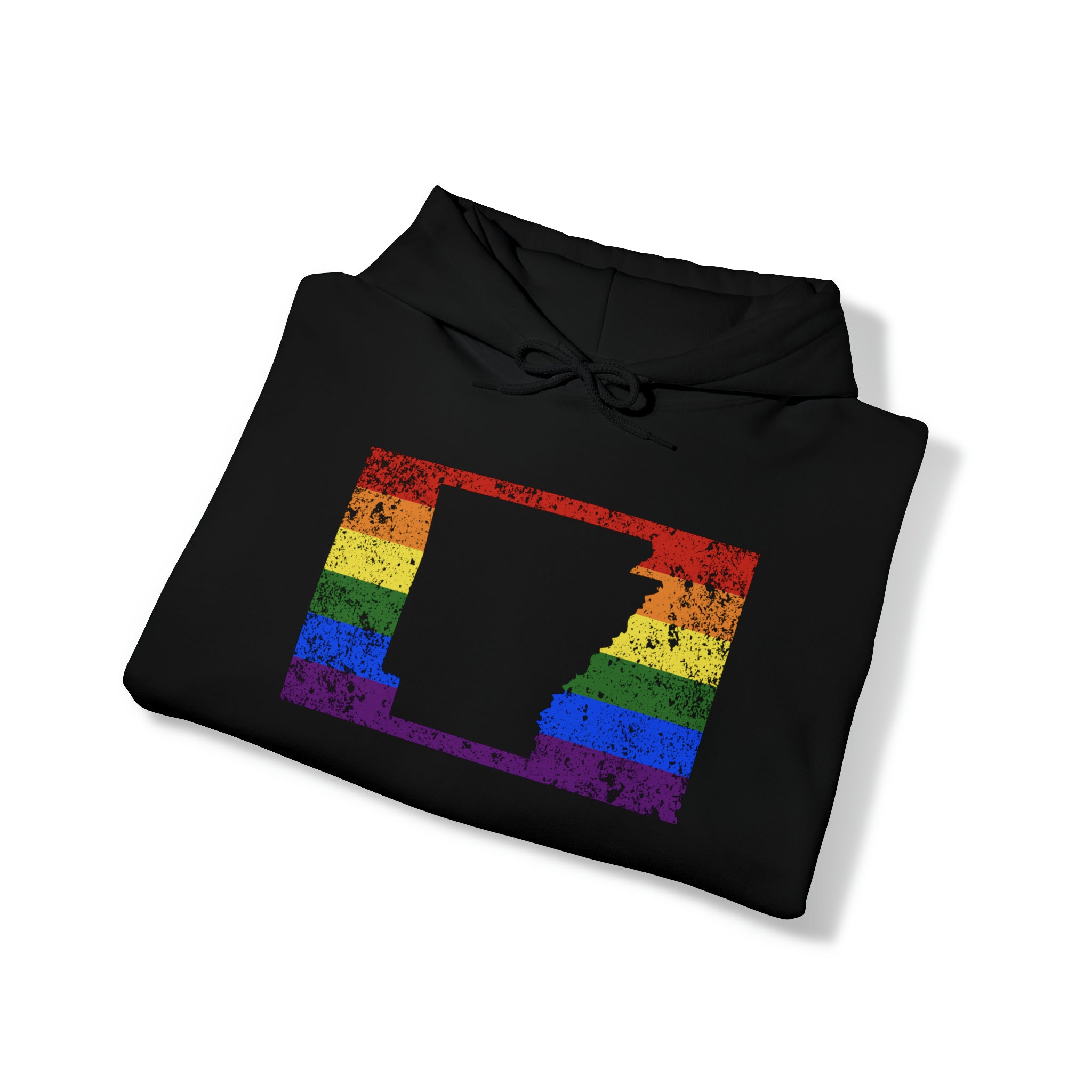 Arkansas Pride Flag Hoodie: Rainbow LGBTQ+ State Silhouette Distressed Hooded Sweatshirt