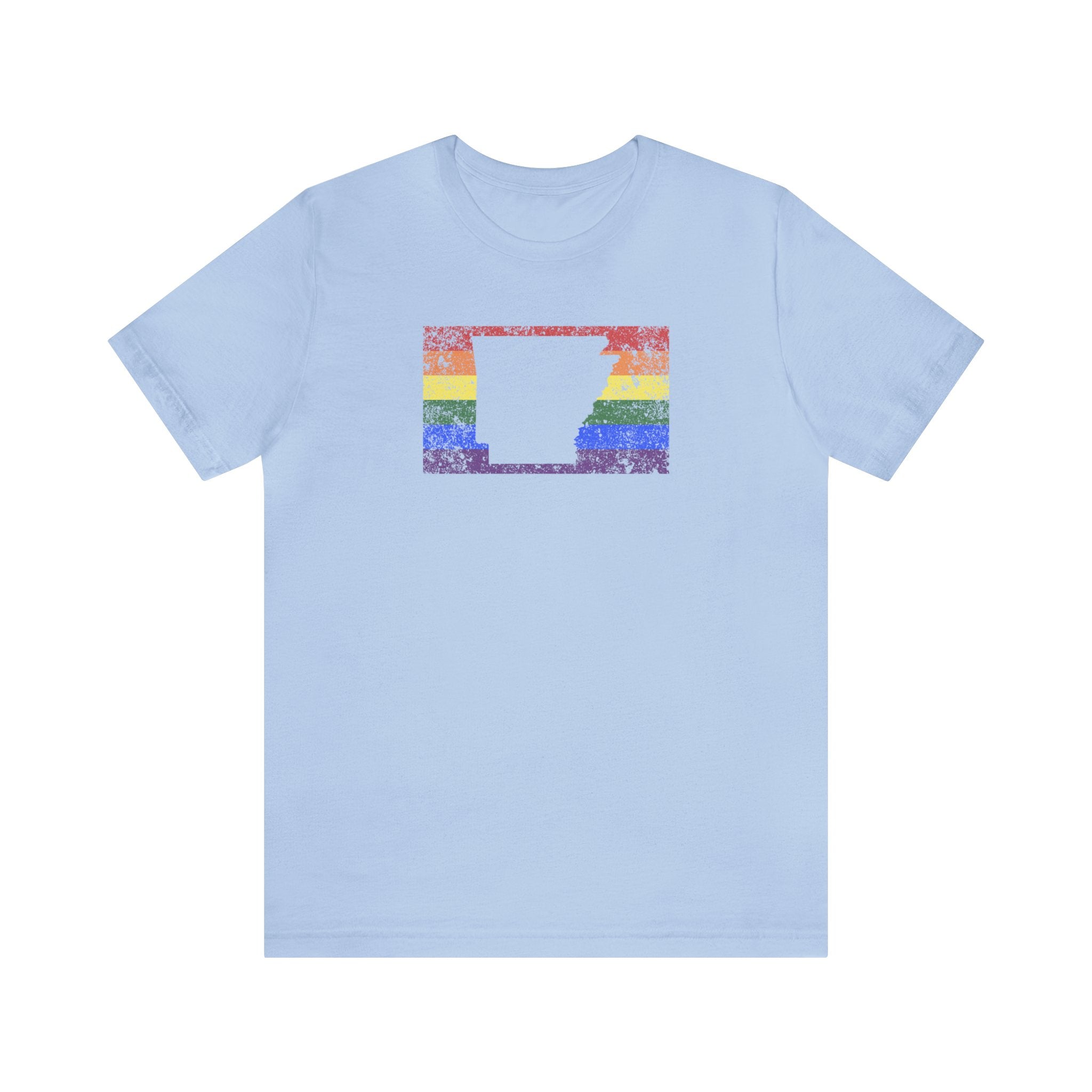 Arkansas Pride Flag Tee: Rainbow LGBTQ+ State Silhouette Distressed Shirt