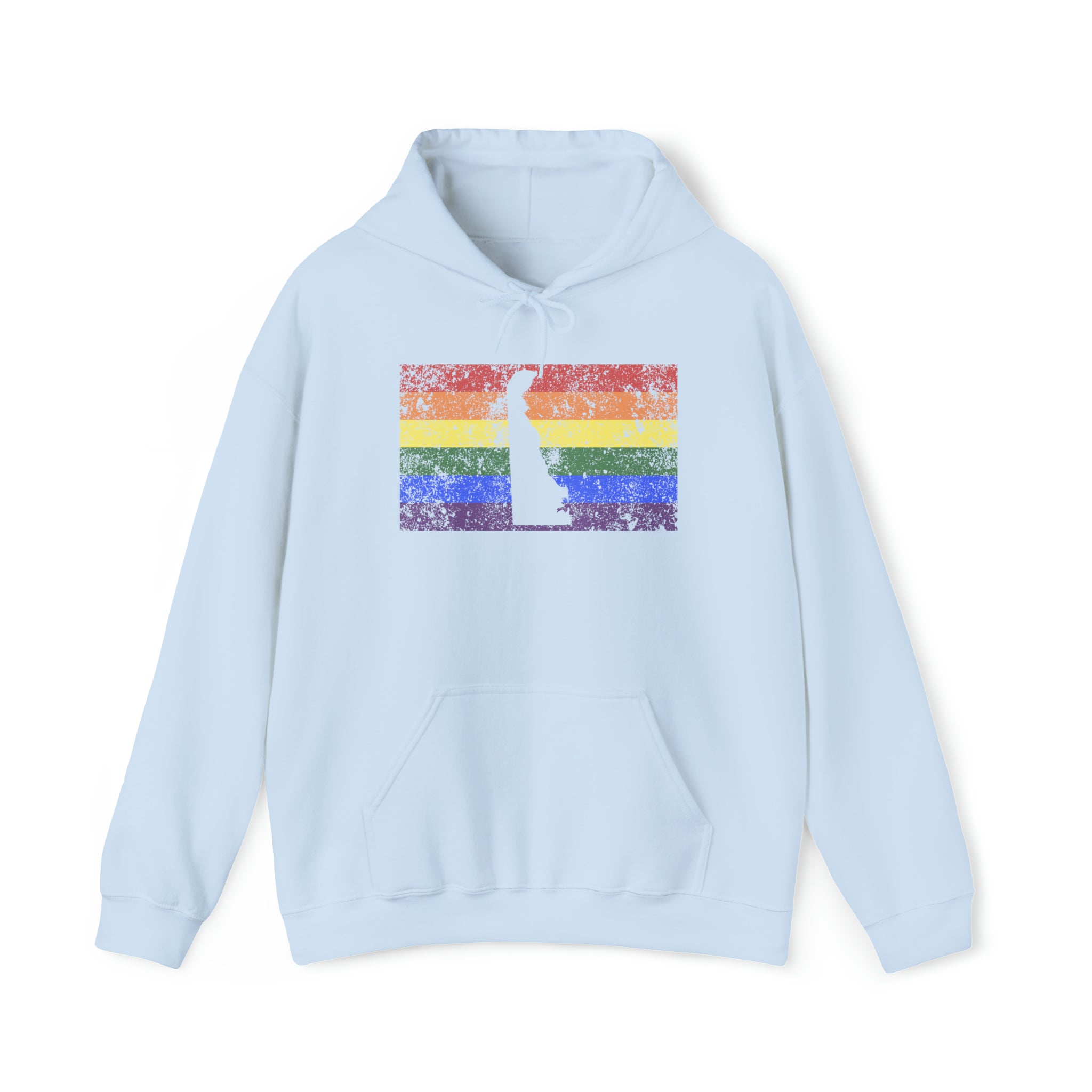 Delaware Pride Flag Hoodie: Rainbow LGBTQ+ State Silhouette Distressed Hooded Sweatshirt