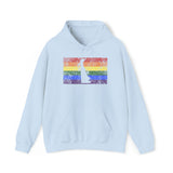 Delaware Pride Flag Hoodie: Rainbow LGBTQ+ State Silhouette Distressed Hooded Sweatshirt