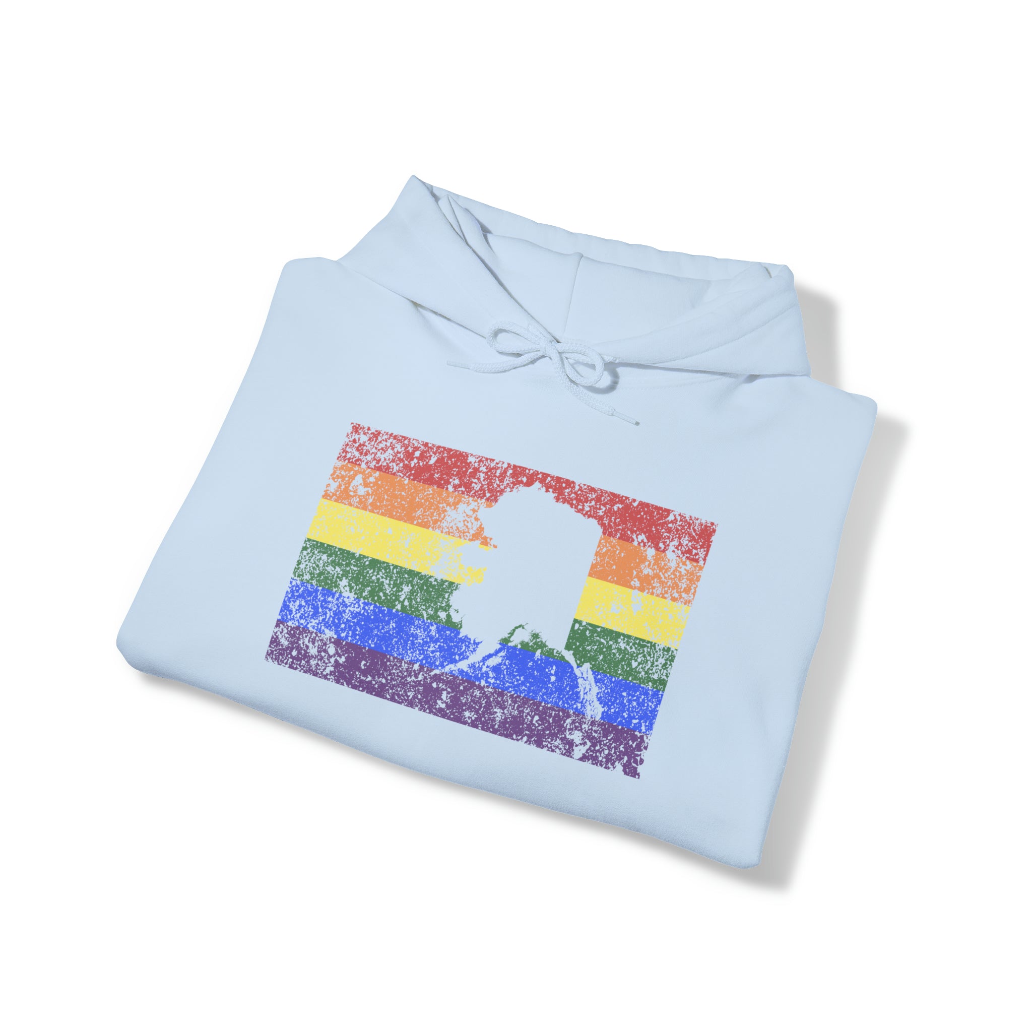 Alaska Pride Flag Hoodie: Rainbow LGBTQ+ State Silhouette Distressed Hooded Sweatshirt