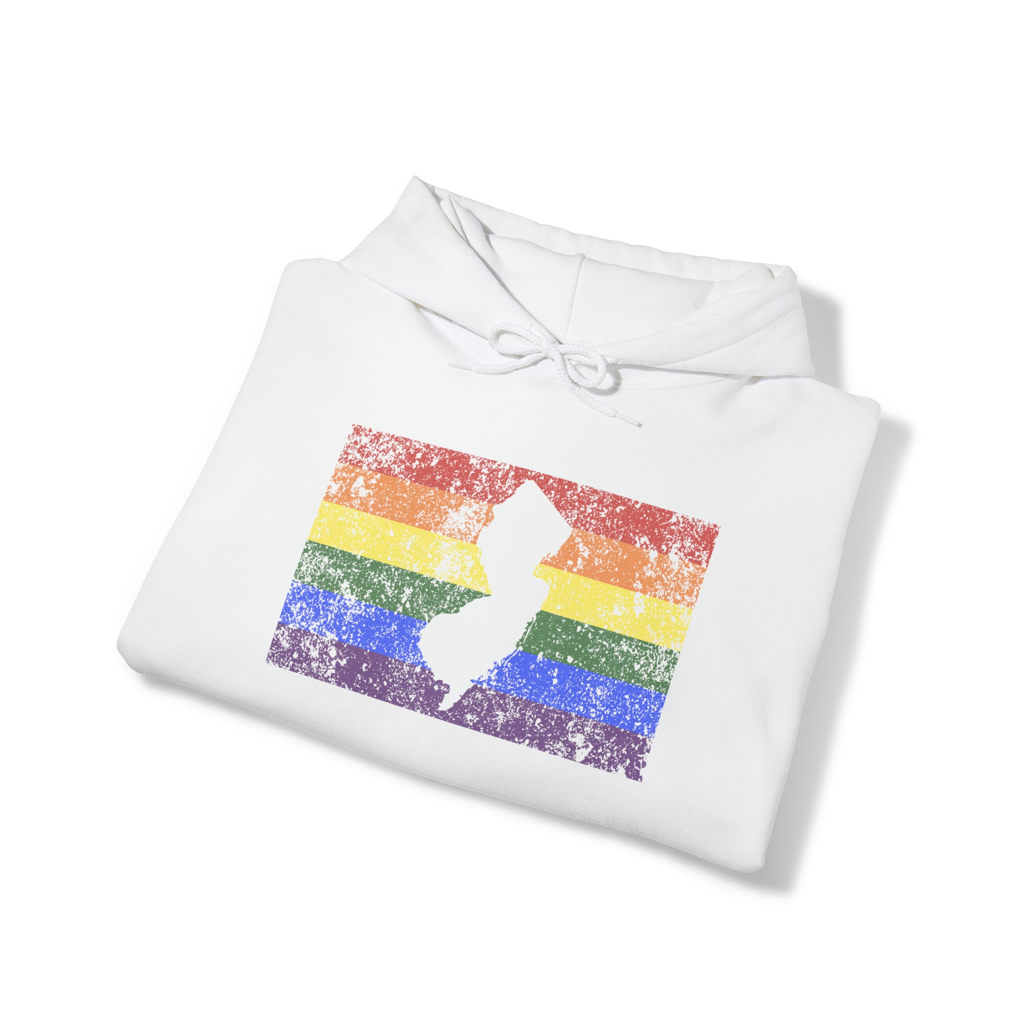 New Jersey Pride Flag Hoodie: Rainbow LGBTQ+ State Silhouette Distressed Hooded Sweatshirt