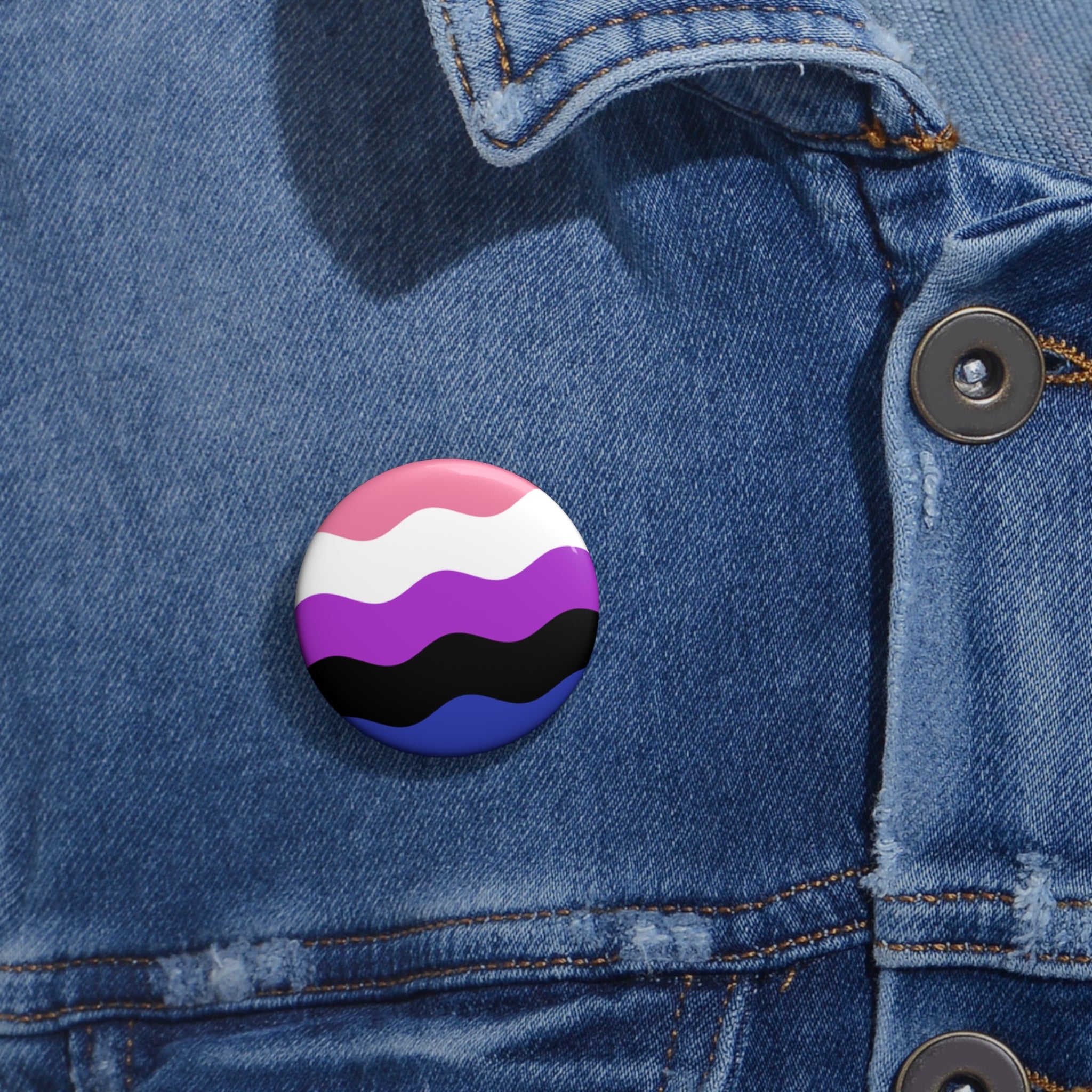 Genderfluid Pride Flag Pin: Round Button with Wavey Design