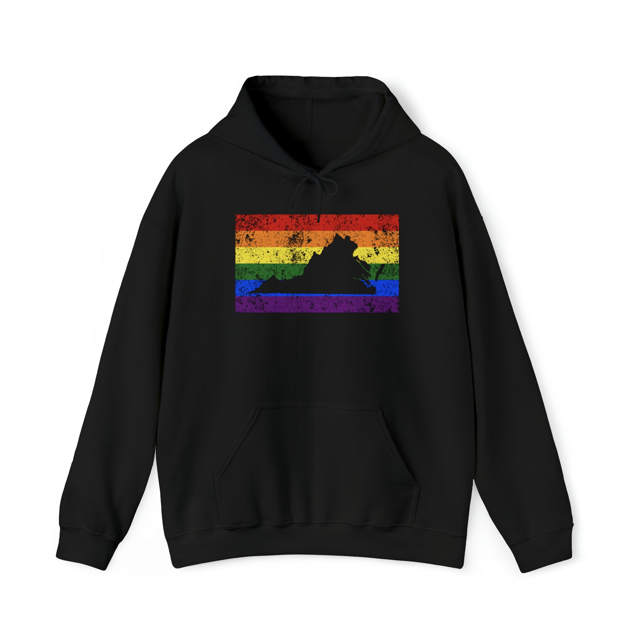 Virginia Pride Flag Hoodie: Rainbow LGBTQ+ State Silhouette Distressed Hooded Sweatshirt
